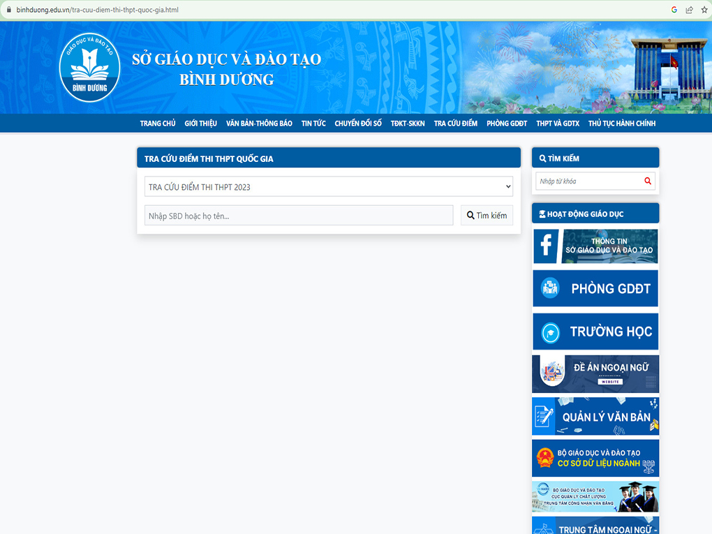Website xem điểm thi của Sở Giáo dục và Đào tạo Bình Dương